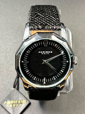 Akribos XXIV Men's BlK Dodecagon Bezel BlK Dial BlK Leather Strap 41mm-AK825SSB